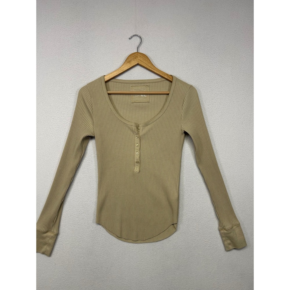 Casual Neutral Aerie Womens Small Tan Ribbed Long Sleeve Henley Top